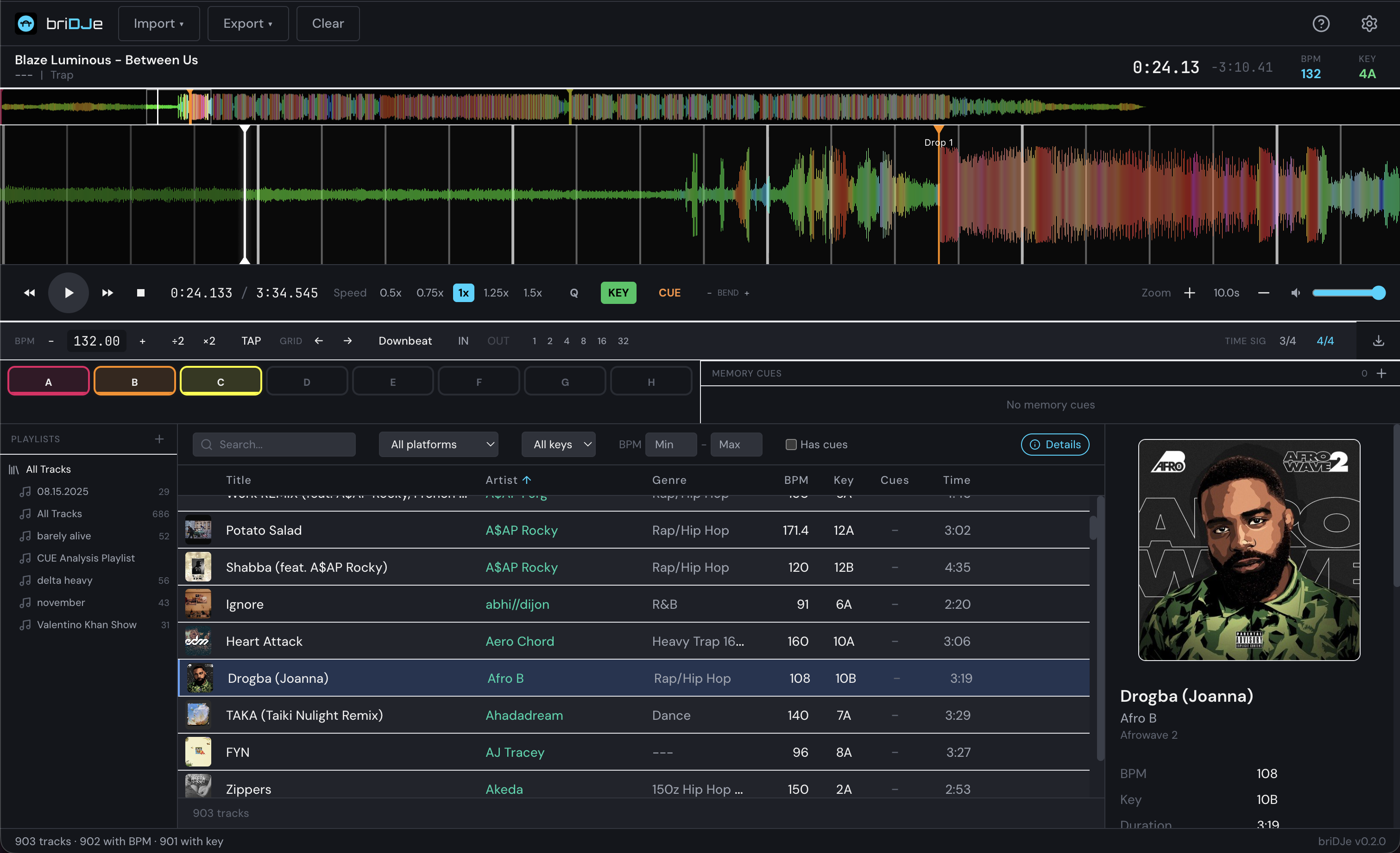 The briDJe library window: a multicolour waveform with hot-cue markers above a track table showing BPM, key and cue columns, and a nested playlist sidebar.