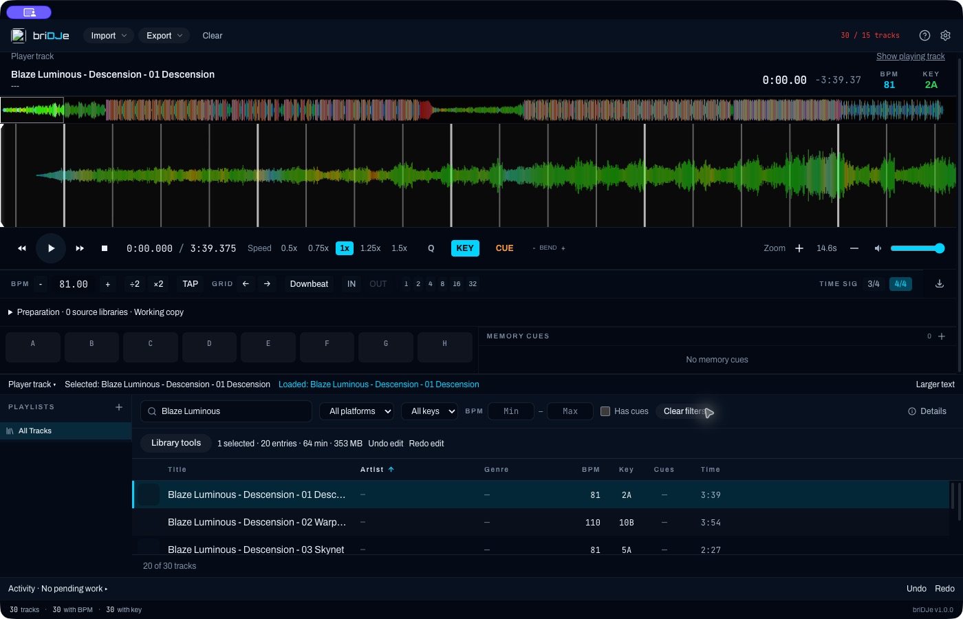 briDJe library with a track loaded in the deck, showing the color waveform, filter row and empty cue pads