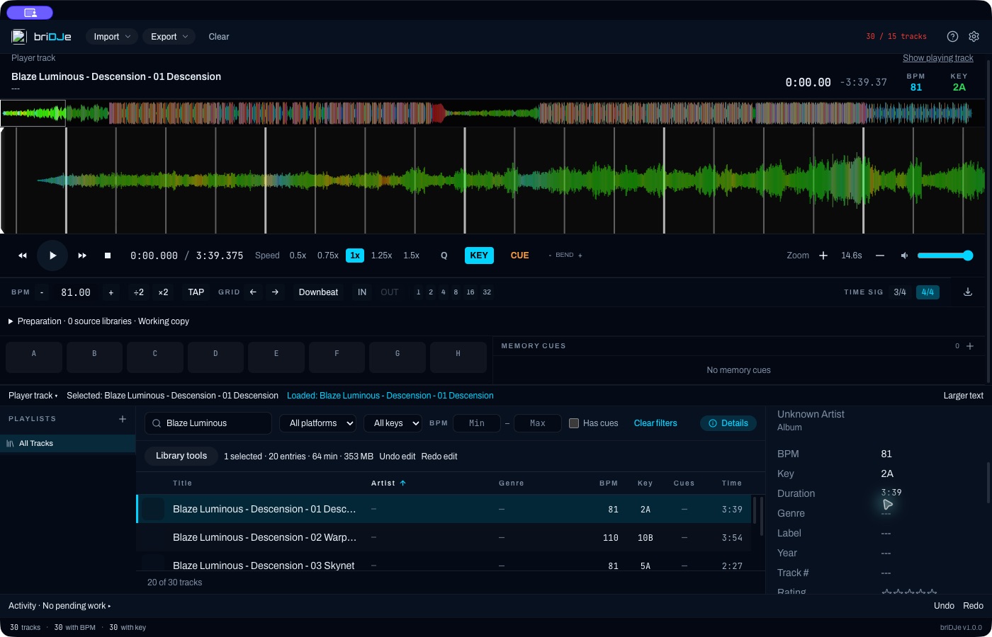 The track Details panel with editable metadata fields and blank file tags